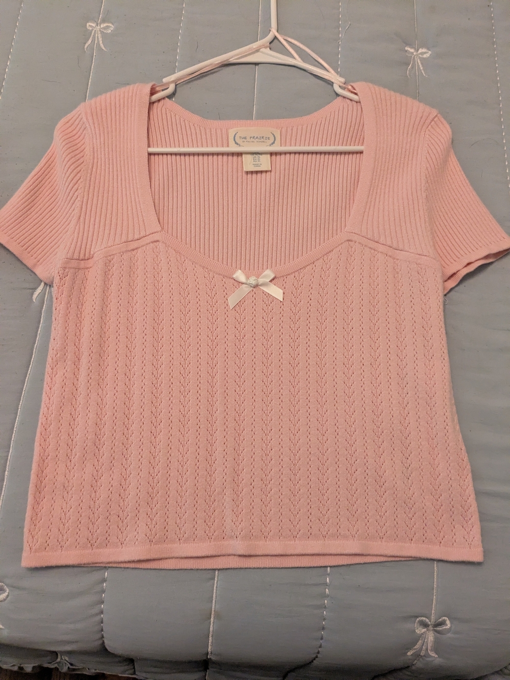 Pink Knit Scoop-Neck Crop Top with Bow